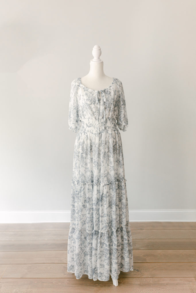 what to wear for your photo session, blue toile maxi dress