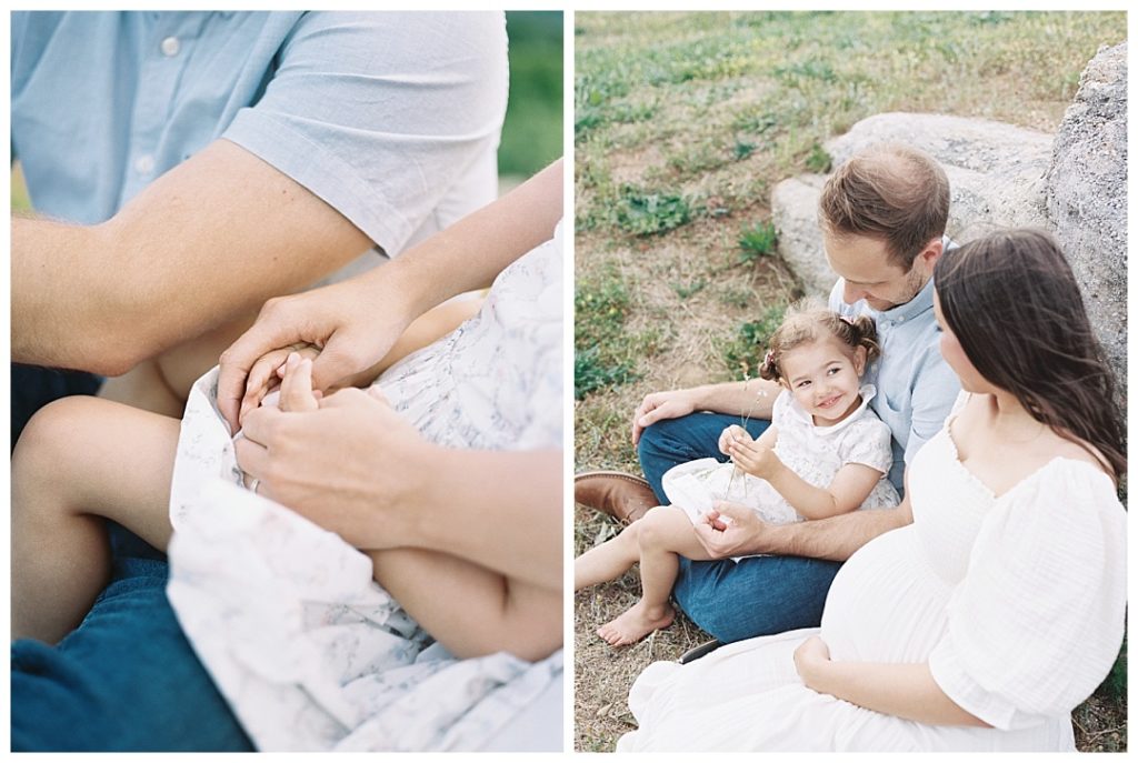 Weathington Park maternity session close-up image of hands, little girl smiling at mom