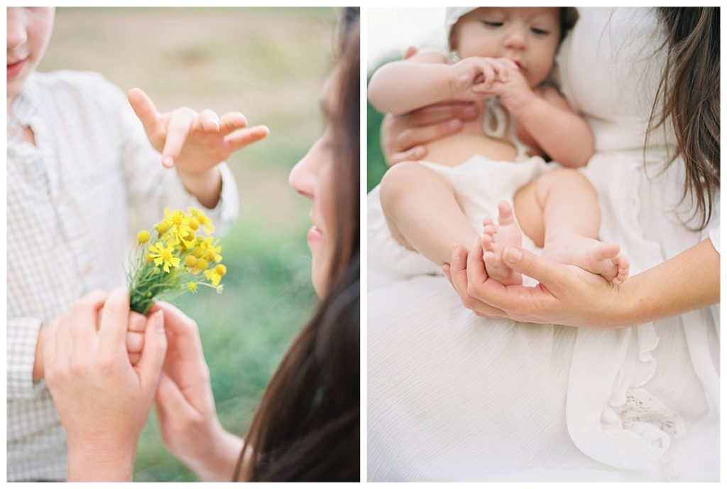 mom and son holding flowers, mom tickling baby toes