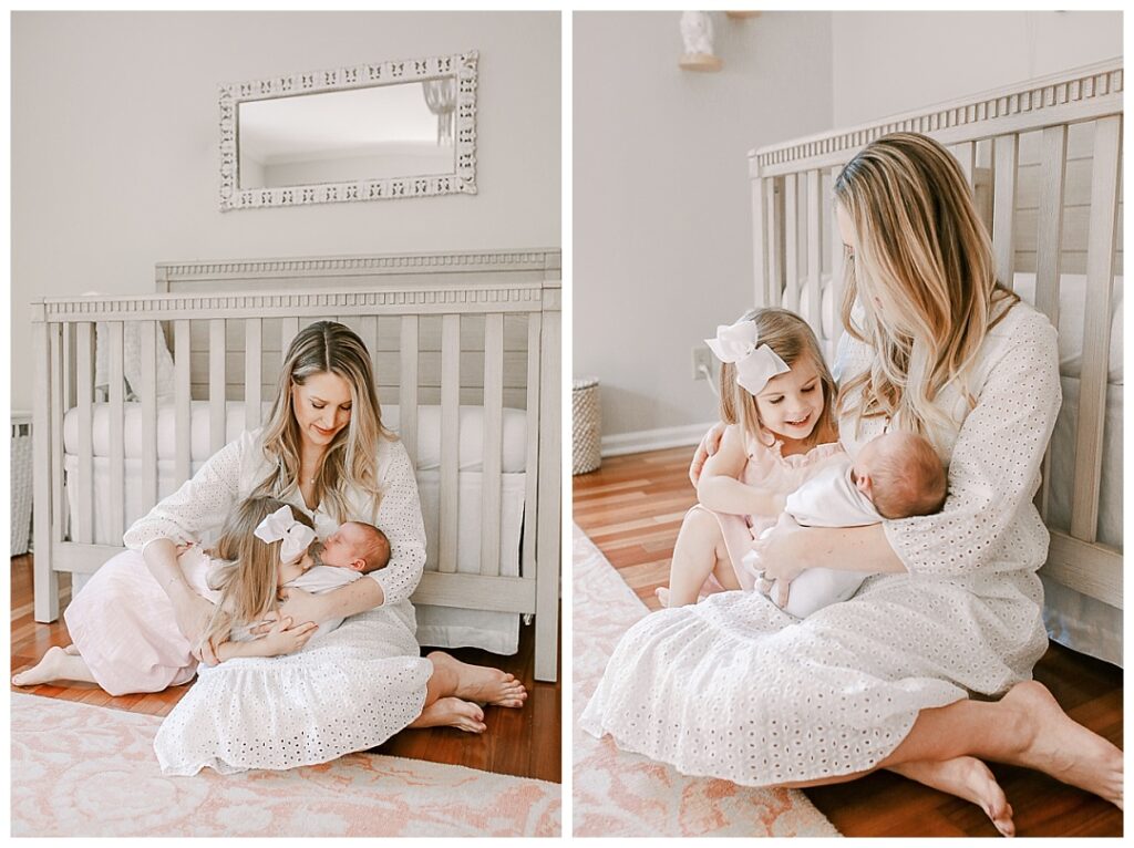mom and her two daughters at huntsville lifestyle newborn session