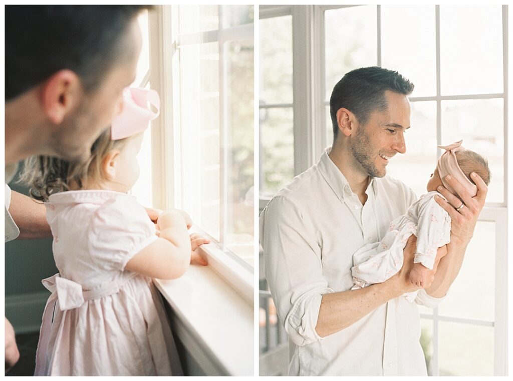 two images of dad admiring his daughters in Madison, AL newborn photos