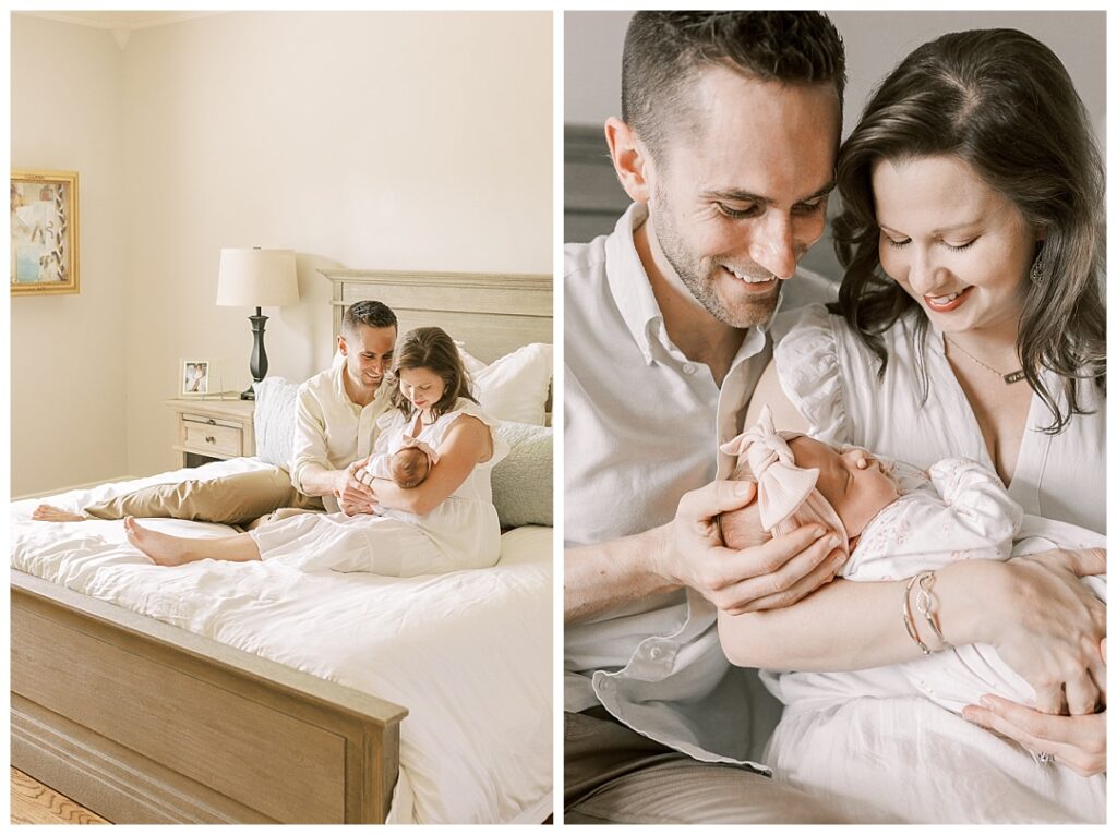 Madison, AL newborn photos with mom and dad cuddling newborn daughter