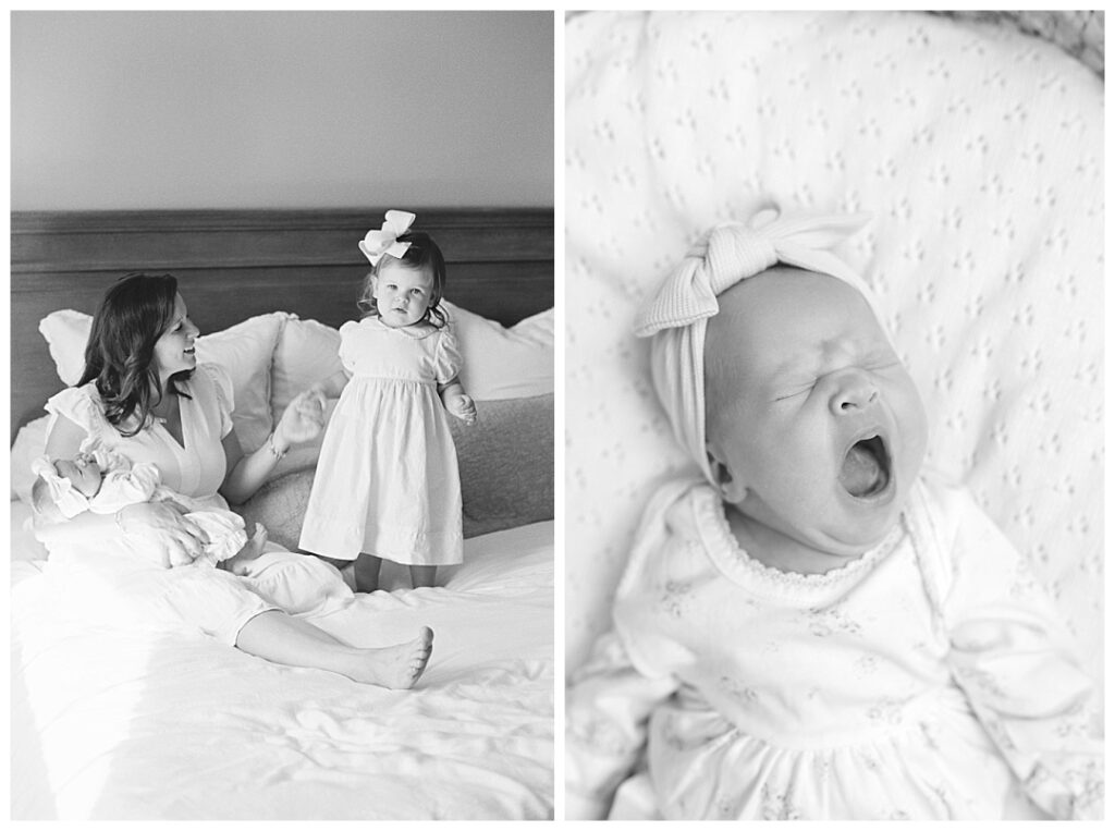 two black and white images of Madison, AL newborn photos