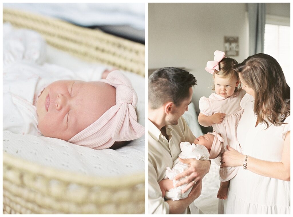 Two images, left image close-up of baby girl in Moses basket with pink bow; right image a family of four admiring newborn baby girl