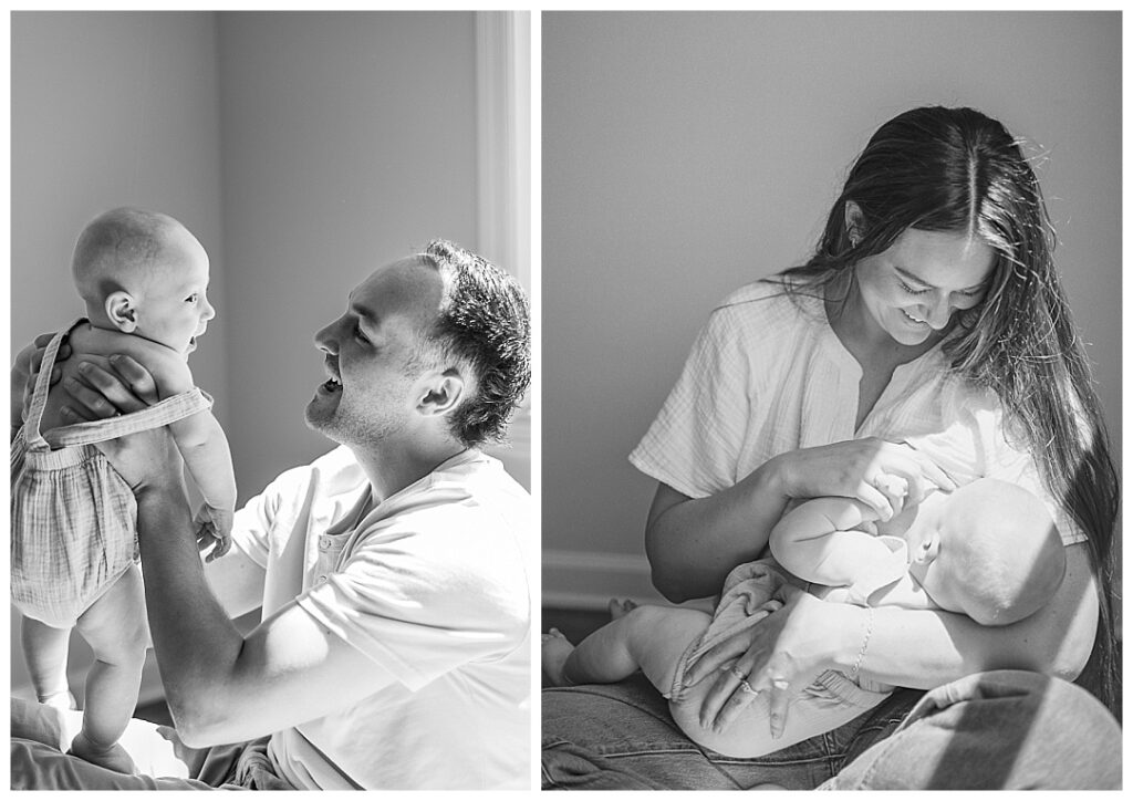 black and white photos of mom and dad with infant 