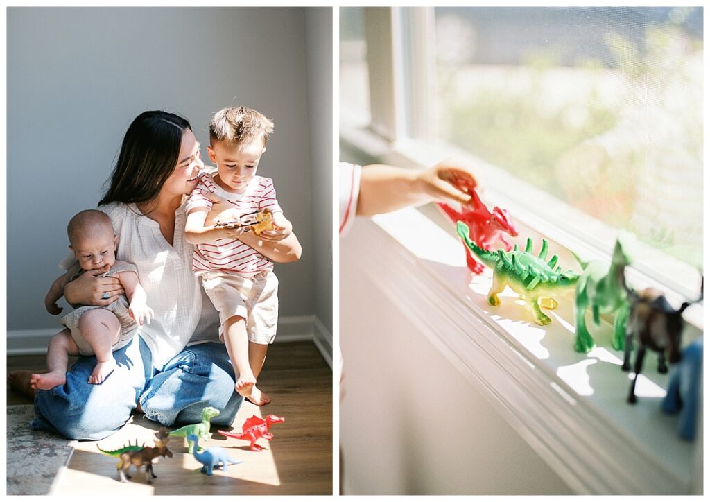 huntsville, alabama family photos at home and close up of toy dinosaurs in the window
