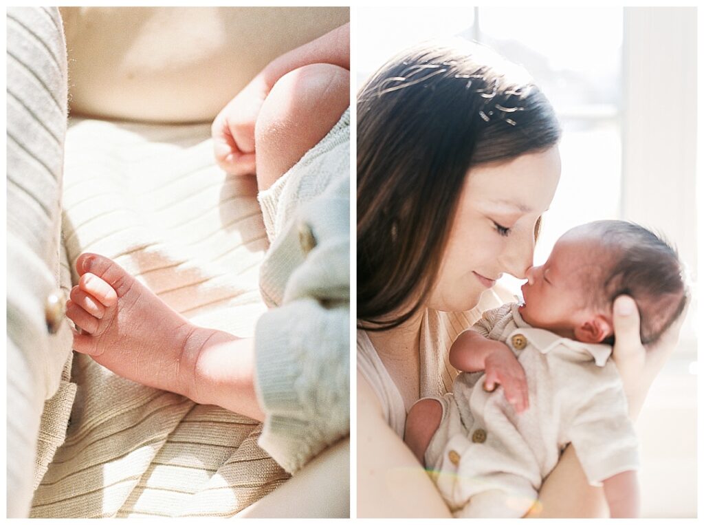 detail image of baby toes and mom with baby and her noses touching