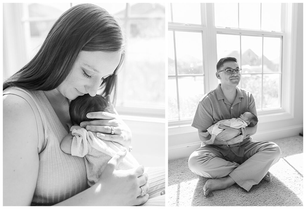 black and white images of mom with baby and dad with baby smiling