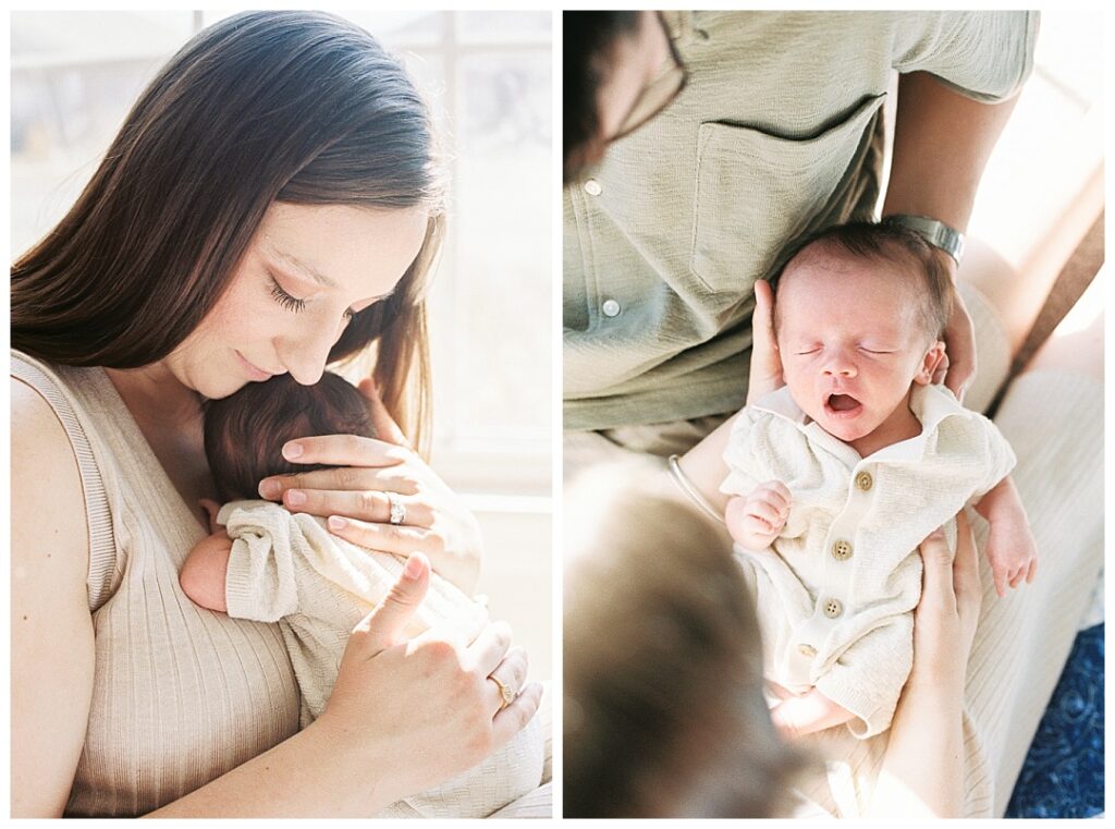 baby yawning and snuggling on mom's chest