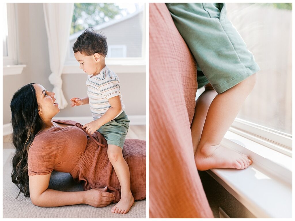huntsville in-home family photos, mom and son wrestling on the floor