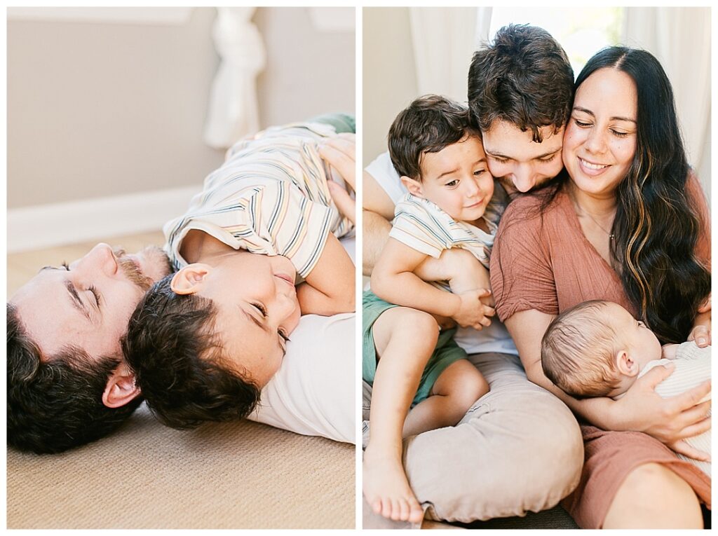 snuggling ideas for your in-home family session in huntsville, family snuggled up close, dad and son cuddling
