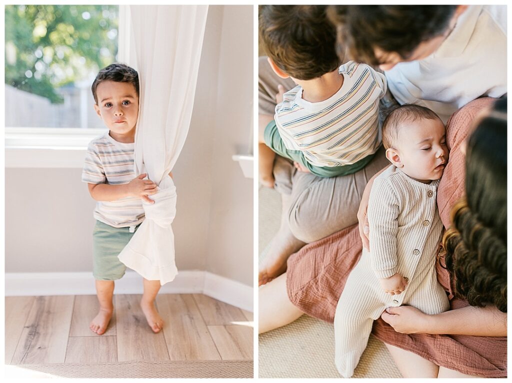 little boy hiding behind the curtain at huntsville in-home family photos