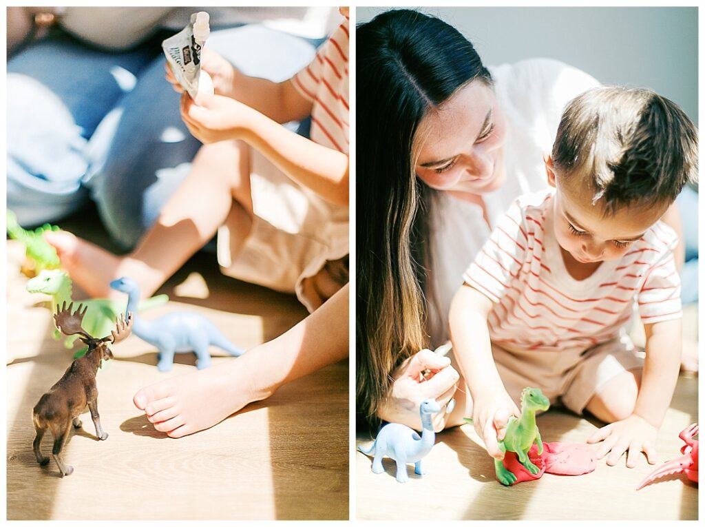 playful ideas for your in-home family session in huntsville, toddler playing with dinosaurs and animals with his mom