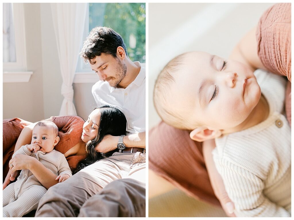 family relaxing in their home and baby sleeping